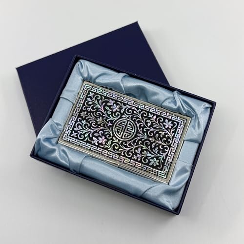 Image of Mother of Pearl Business Card Case Credit Id Name Holder Travel Wallet Art Painting Design Metal Stainless Steel Engraved Slim Purse Pocket Cash Money Wallet (N Arabesque)