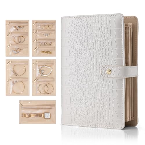 Vlando Organizador de livros de joias – Estojo de couro para viagem com 5 páginas destacáveis para colares, anéis, brincos, sem emaranhados, para presente, Croco White