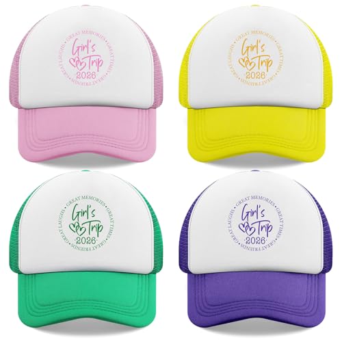 Twistover 4 Pcs Girls Trip 2026 Hat for Women Girls Trip Gifts Favors Baseball Cap Adjustable Trucker Hat for Weekend Sisters Bestie Bachelorette Party Favors Colorful