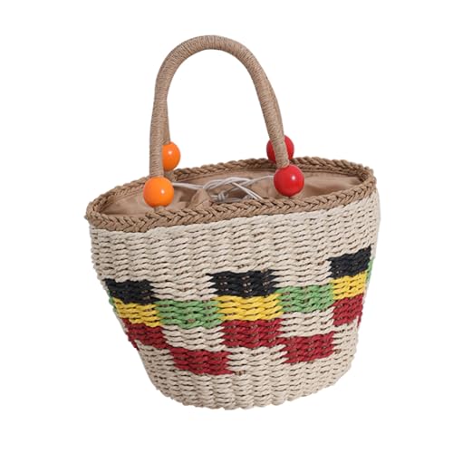 Sac de plage en paille tressée coloré avec grande poignée en bois pour pique-nique et voyage d'été