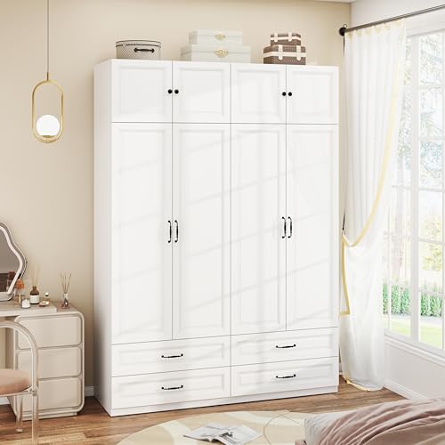 Mhsatyrs Armoire Wardrobe Closet with 4 Drawers: 88\" White Bedroom Closet, Wood Wardrobe Closets with 4 Doors, Tall Armoire Cabinet and Storage Shelves for Clothing (63\") - Thumbnail 7