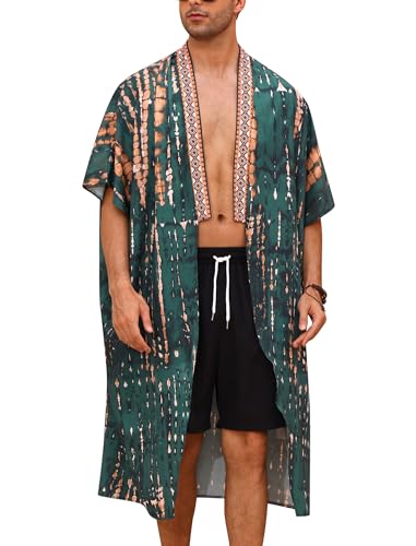 FYMNSI Mens Bathrobes Open Front Kimono Bath Robe Beach Cover Up Lightweight Floral Half Sleeve Casual Cardigan Nightgown