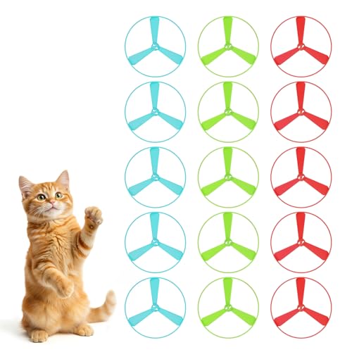 HOMQYTE Interactive Cat Fetch Toy - 15 PCS Flying Spinners for Disc Launcher Toy Best Cat Hunting Toys for Indoor Outdoor Cats (15, Blue&Green&Red)