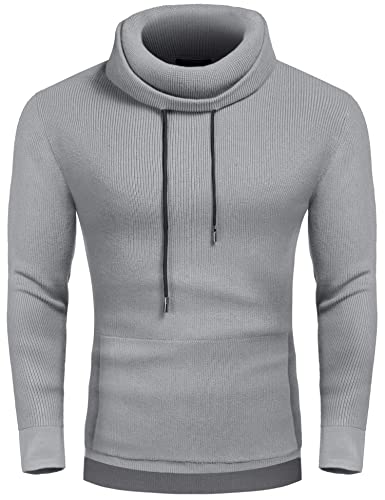 COOFANDY Mens Knitted Pullover Jumper Turtleneck Long Sleeve Slim Fit Sweater Grey
