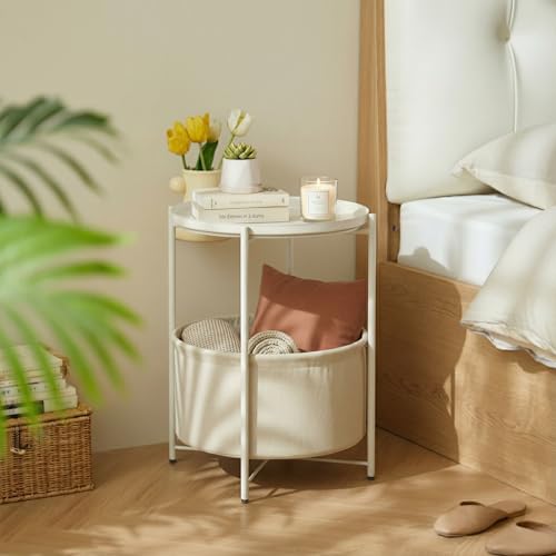 danpinera Round Side Table with Fabric Storage Basket, Metal Side Table Small Bedside Nightstand with Removable Tray Top for Living Room, Bedroom, Nursery, Laundry, White by danpinera - Image 2