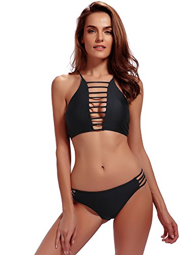 Women's Halter Bikinis Bathing Suits Strappy Padding Swimsuit Set 2 Piece Black L