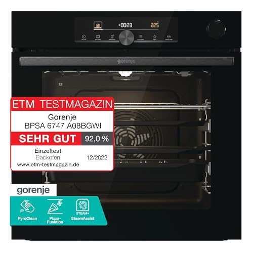 Gorenje OptiBake Advanced BPSA 6747 A08BG Einbau-Backofen / 77L / Heißluft / Pyrolyse / AutoBake / Touch Bedienung / Bratenthermometer / GentleClose & Open / SteamAssist / PizzaMode 300°C/ schwarz