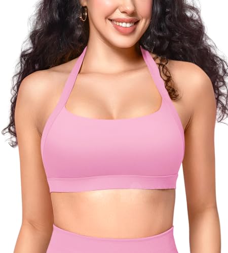 ZAAYO Damen Sport BH Rückenfrei Halfter Fitness BHS Gepolsterte Push Up BH mittlere Unterstützung Fitness Yoga Tops Rosa M