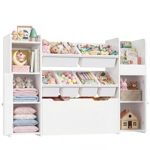 HIFIT 55'' Toy Storage Organizer Kids Bookshelf with 6 Toy Bins, Playroom Toy Storage Cabinet with Large Drawer & Adjustable Shelf & Doors, Toy Chest Storage for Kids Room, Living Room, Nursery, White