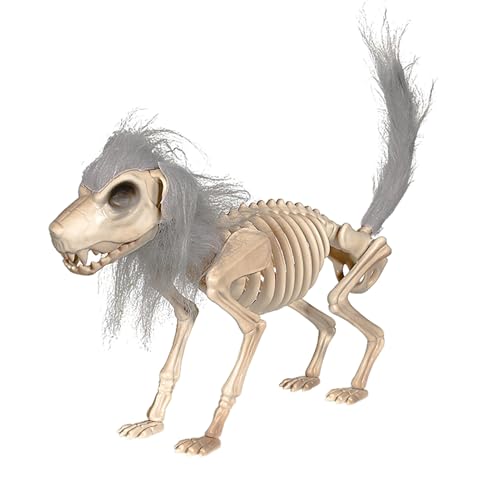 keloppasit Decoración de Esqueleto de Perro - Modelo Animal | Cráneo Flexible para Mesa con Pelo Y Accesorios Terroríficos para Fiestas De Halloween Y Decoración De Jardín