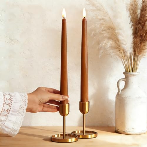 Image of Brown Flameless Taper Candles with Remote, Flickering Battery LED Candlesticks Fall Decor Set of 4