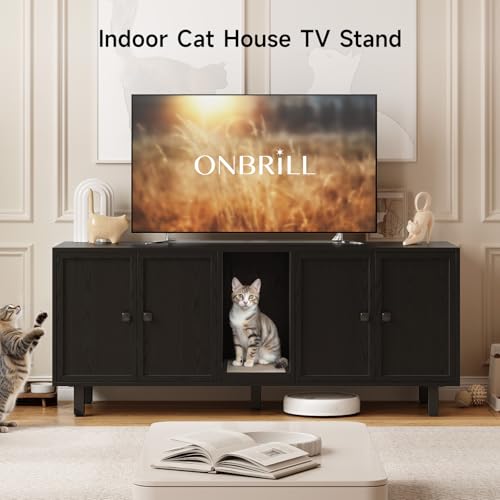 Image of ONBRILL 59 Inches Cat Litter Box Enclosure for 2 Cats, Hidden Litter Boxes Furniture with Cat Scratch Pad, Large Indoor Pet House with Double Room, Wooden TV Stand Side Table, Black