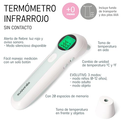 Suavinex, Termómetro Digital Bebé, Infrarrojos, Sin Contacto, Medición Frente y Oído, Lectura Rápida en 1 Segundo, Preciso, con Memoria, Modo Bebés, Niños y Adultos, Bolsa Transporte y Pilas Incluidas - imagen 4