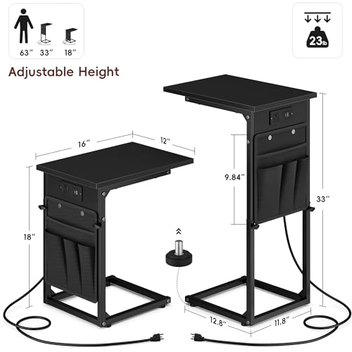 Vagusicc C Shaped End Table with Charging Station, Adjustable Height Side Table for Sofa, Couch Side Table for Small Spaces, Slide Under Sofa TV Tray Snack Arm Table for Living Room, Bedroom, Black - Thumbnail 3