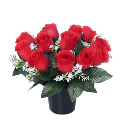 Mr. Barry's artificial grave flower pot with foam insert | realistic funeral flowers | cemetery & memorial floral decorations for graveside use | red roses