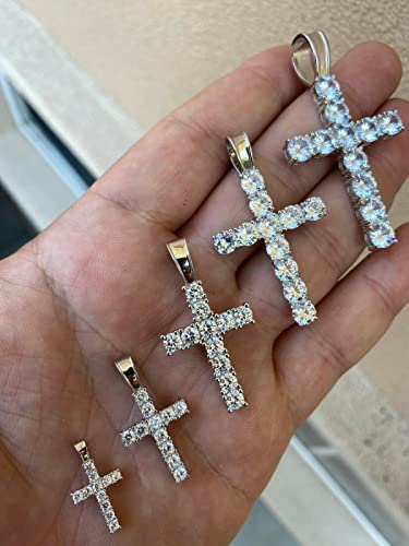 Moissanite Cross Pendant - 5 Sizes Tennis Cross Available For Men Or Ladies - Great Hip Hop Pendant For Any Necklace - Real Moissanite Jewelry Passes Diamond Tester Gra Certified - Solid 925 Sterling Silver (X-Large (2.25")) #TOP4