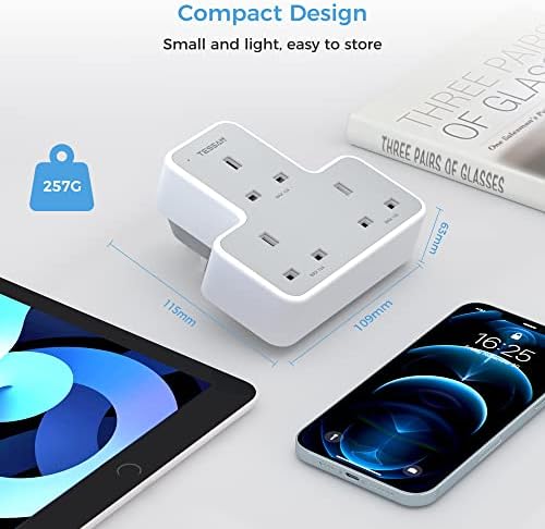 3 Way Plug Adapter, TESSAN Wall Plug Extender with 3 USB, Multiplug Socket Adapter, Extension Plug for Home, Office, School Supplies, Multi Power Plug, Triple USB Plug Adaptor for Phone, Tablet