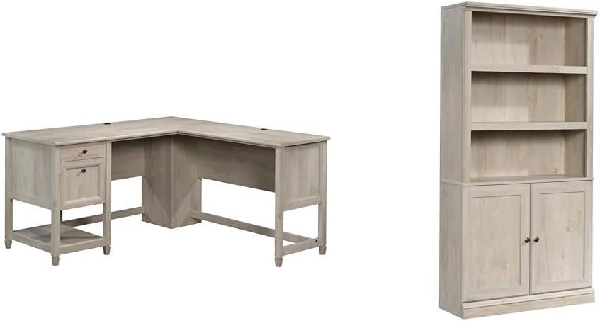 Sauder L-Desk (59.06" x 58.74" x 29.57") and Bookcase/Bookshelf (35.28" x 13.23" x 69.76") Bundle, Chalked Chestnut Finish