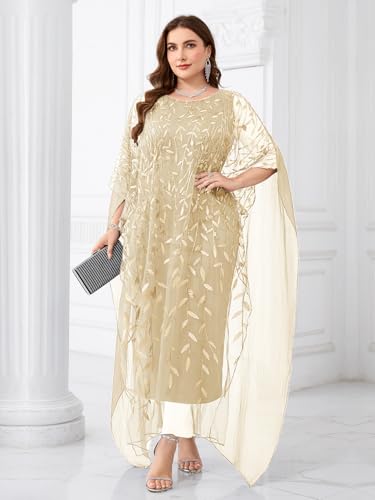 Image of Plus Size Sparkly Formal Evening Gown Sequin Cape Overlay Mother of Bride Dress Wedding Guest Cocktail Party