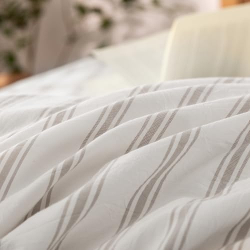 Image of BESTOUCH Striped Cotton Duvet Cover Set Linen Feel Super King Plus | 100% Washed Cotton, Soft Wrinkle Texture, Hidden Zipper, 8 Ties, Breathable Lightweight Durable Comfy, 3 Pcs No Insert