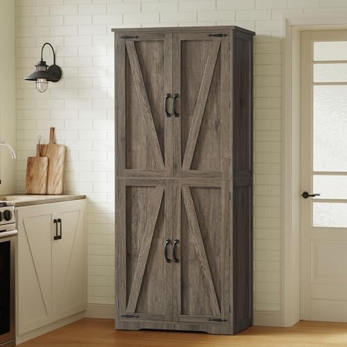 Image of TEENFON Tall Storage Cabinet, Kitchen Pantry Cabinet with 4 Shelves, Adjustable Shelves, Pantry Cabinets with 4 Barn Doors, Tall Kitchen Cabinets for Dining Room, Living Room, Dark Walnut