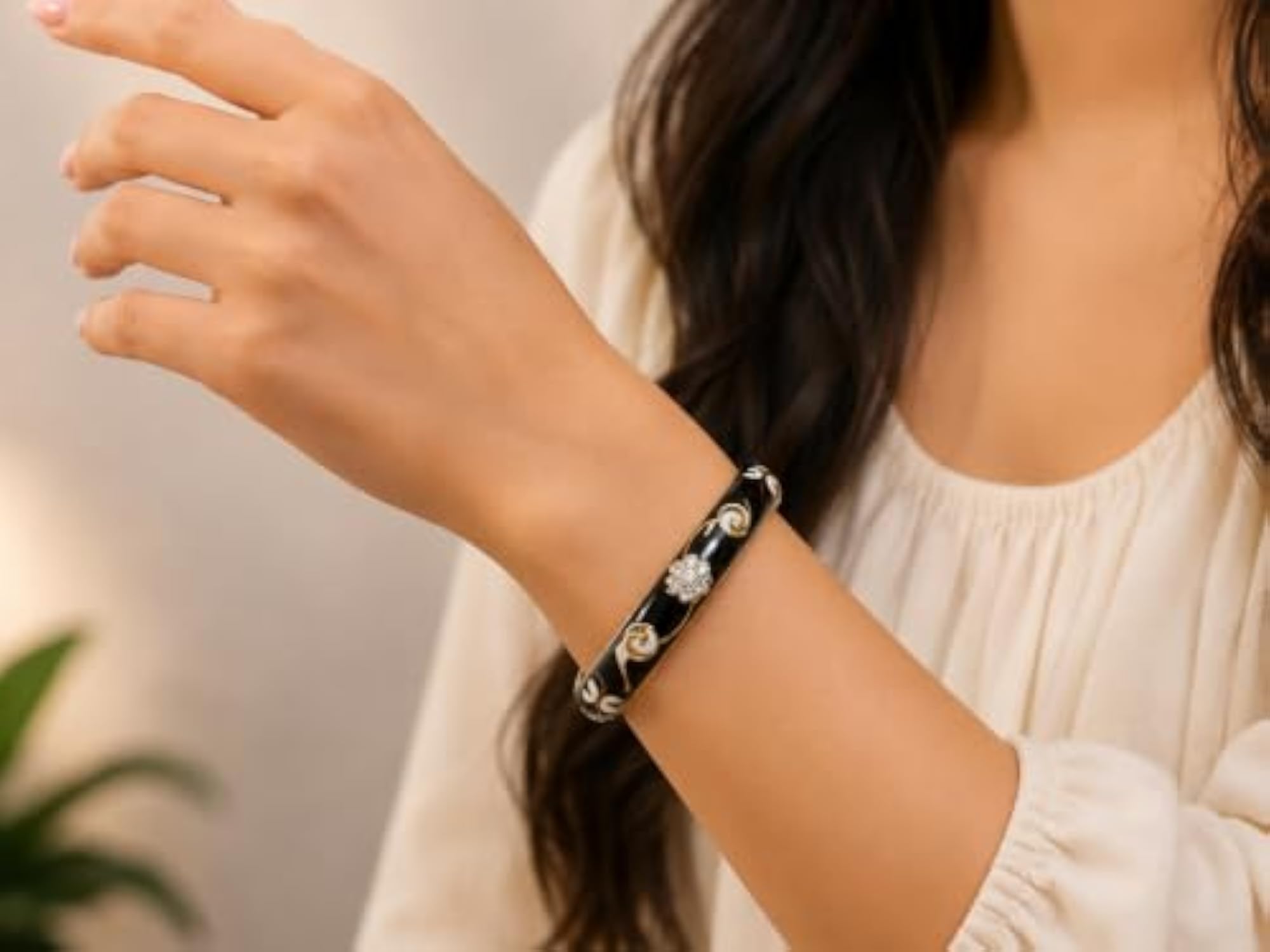 Enamel Bangle Bracelet with Crystal Floral & Butterfly