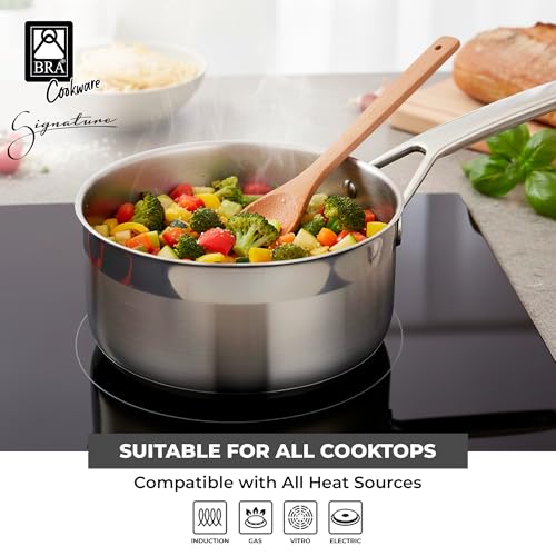 Image of BRA COOKWARE Signature Stainless Steel Sauce Pot w /Glass Lid | 6.3 Inch 1.2 Quart Professional Grade Saucepan | PFOA Free Warming Pot | All Cooktops | All Cooktops (incl. Induction) & Oven Safe