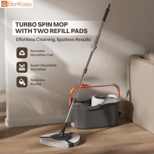 Image of BonKaso Turbo Spin Mop with Bucket Set, 360 Degree Microfiber Floor Cleaning Mop and Pocha, Stainless Steel Wringer, Adjustable Steel Handle, Big Wheels and Drain Valve for Tiles and Marble