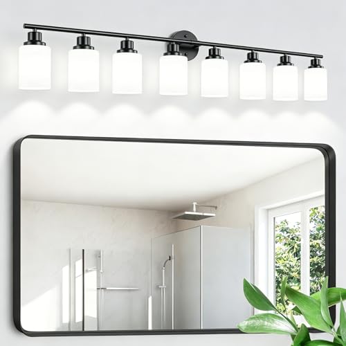 Image of 8-Light Vanity Lights, Black Bathroom Light Fixture with Striped Textured Milky White Glass Shade, Modern Vanity Lighting Fixture for Bathroom Wall Light Over Mirror, E26 Wall Sconce