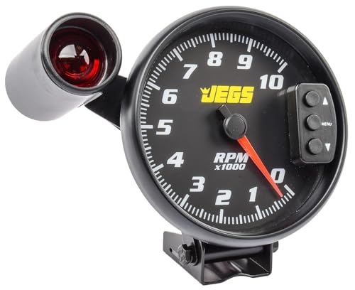JEGS 5� Tachometer - Black Face with Black Bezel - 0-10,000 RPM Range - Super-Bright LED Shift Light - One-Touch Peak RPM Recall - Mounting Bracket Included