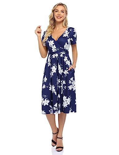 Missky Women's Summer Casual Short Sleeve Empire Waist Dress Ruched V-Neck Party Dresses With Pockets #TOP2