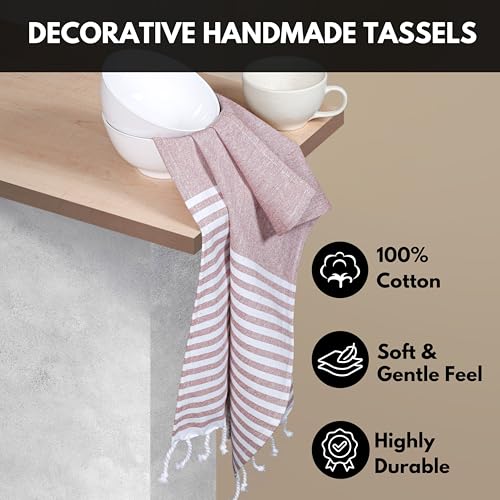 Image of Turkish Kitchen Towels 18x26 Inches with Tassels - 4 Pack - Absorbent, Durable, Soft 100% Cotton Dish Towels for Drying & Cleaning - Machine Washable, Quick Dry - Rust