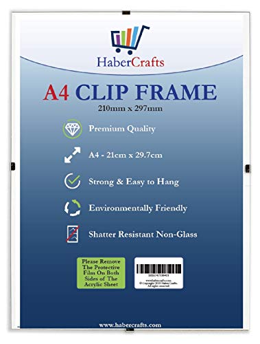 Clip Frame A4 Size Frameless Picture Frame Photo Poster Certificate with Crystal Clear Non Glass Shatter Resistant Safety Styrene Perspex Ready to Use (A4 Size - 210mm x 297mm Pack of 1)