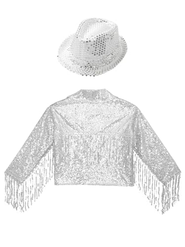 Jhaoyu Kids Girls Dance Outfits Long Sleeve Cardigan Sparkle Sequins Tassle Jacket Coat with Hat Jazz Hip Hop Dancewear4