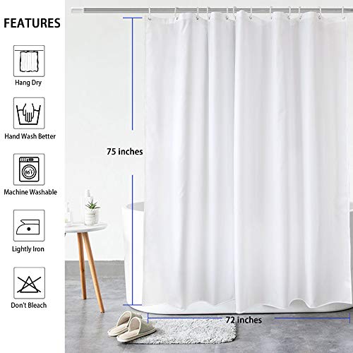 Aoohome White Fabric Shower Curtain Liner, Bathroom Curtain With Hooks For Hotel, Waterproof, Weighted Hem, 72 Width X 75 Height Inch #TOP6