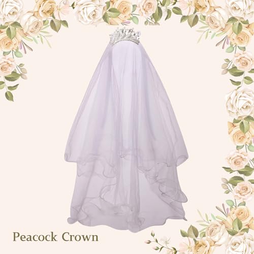 Colorful House Flower Girls White First Communion Veil Headband with Bow (60cm/24 inch, Peacock Crown) - Thumbnail 3