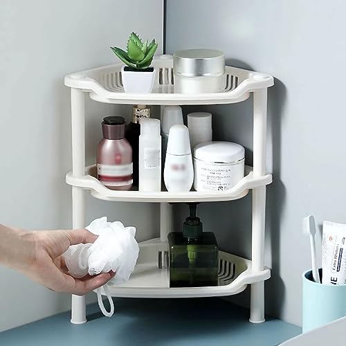 Organizador de ducha esquinero de 3 niveles, estante de plástico multifuncional para encimera de baño y cocina, estante de escritorio hueco y soporte de almacenamiento de cosméticos (blanco)