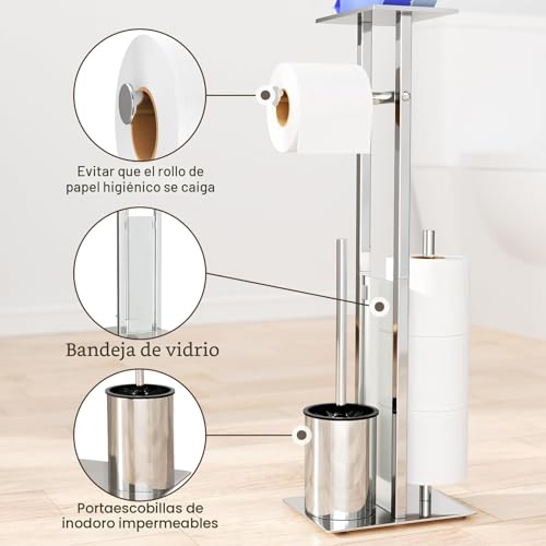 Miniatura 2 de Portarrollos De Papel Higiénico De Acero Inoxidable De Pie Con Escobilla Y Bandeja, Soporte Para Inodoro