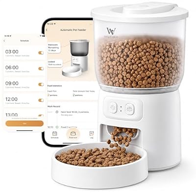 Waithem Wi-Fi Automatic Pet Feeder for Cats&Dogs, Timed Dry Food Dispenser with App Programmable Portion Control, Up to 10 Meals Per Day, Dual Power Supply, 5G/2.4G WLAN, Desiccant Bag Included