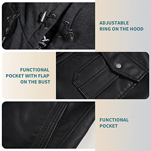 Whattry Mens Faux Leather Jacket, Padded Windbreaker, Motorcycle Biker Bomber Coat With Hood #TOP2