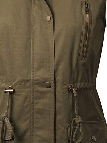 MixMatchy Women's Hooded Adjustable Drawstring Utility Pocket Anorak Safari Jacket Vest Olive 1XL