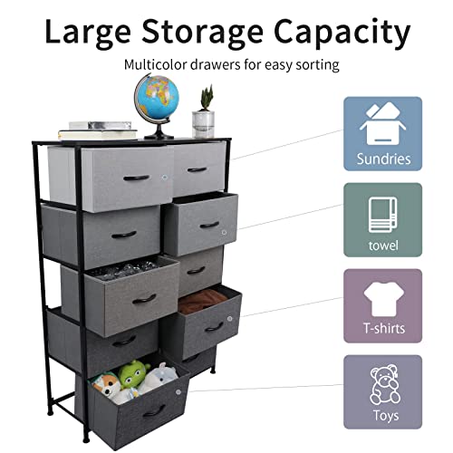 Llappuil 10 Drawer Dresser For Bedroom, Fabric Chests Of Drawers Tower, Tall Clothes Storage Organizers Cabinets For Closet, Living Room, Hallway, Nursery, Grey #TOP2