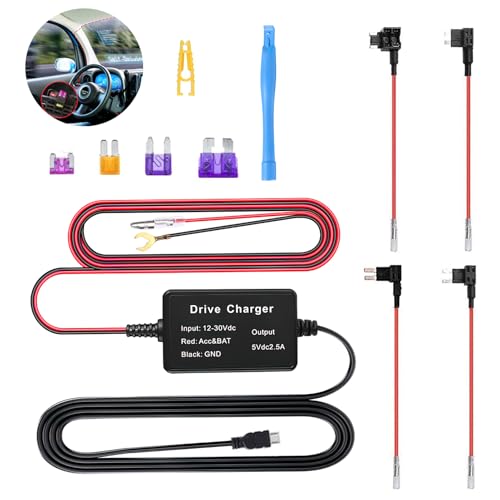Upgraded Dash Cam Hardwire Kit, Micro USB Port Rear Hard Wire Kit Universal Dash Camera Charger Cord 12V-24V to 5V with Low Voltage Protection 10.8ft for Dashcam GPS Power Supply Radar Detectors