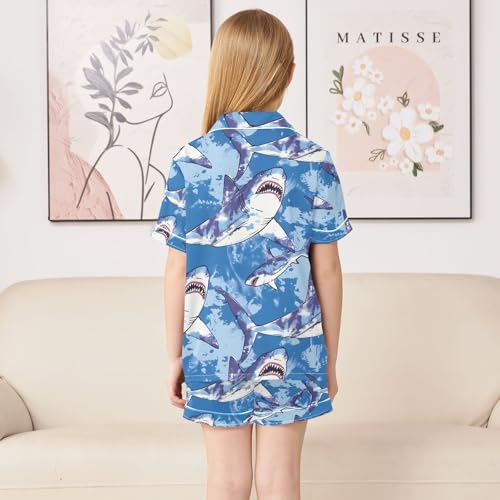 ALAZA Shark Blue Watercolor Pajamas Satin Pajama Set Short Sleeve Button Down Sleepwear4