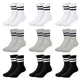 Auranso Toddler Socks 9 Pairs Kids Athletic Cushioned Ankle Crew Socks Black White Grey Striped Cotton School Sports Socks for Boys Girls Junior, 7-10 Years