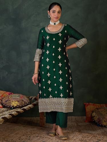 Image of INDO ERA Women's Straight Silk Blend Ethnic Motifs Embroidered Kurta & Pant with Dupatta Set (IESTR10550)