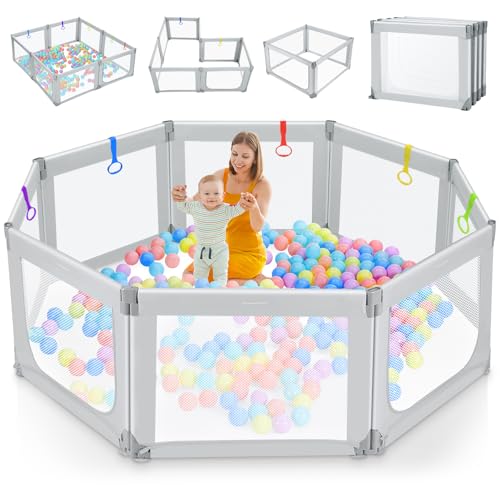 Image of Kidirect Foldable Baby Playpen, 71"×69" Extra Large Play Pen for Babies and Toddlers 1-3, Portable Play Yard with 5 Handles, Indoor Outdoor Safety Baby Gate Fence Play Area with Visible Mesh, Grey