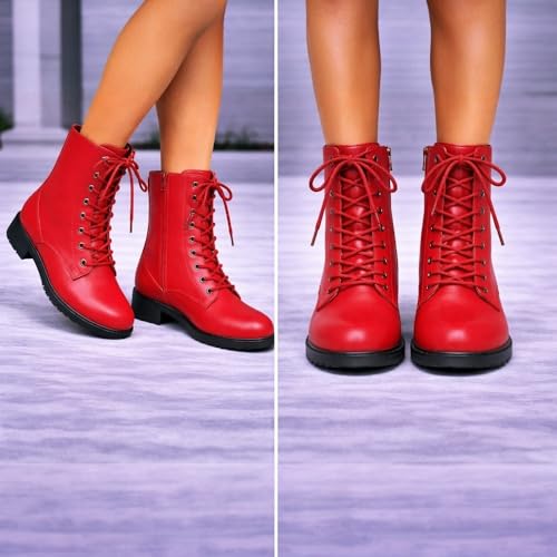 Forever Link Womens Round Toe Military Lace up Knit Ankle Cuff Low Heel Combat Boots, Jalen- 88 Red Pu 7 - Thumbnail 2