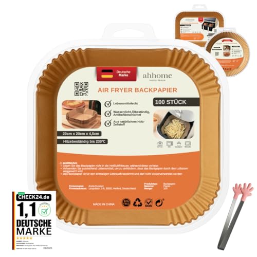 Backpapier für Heißluftfritteuse quadratisch 2024 cm ahhome Airfryer Backpapier 100 Stück mit Zange antihaft & BPA-frei hitzebeständig bis 230 C lebensmittelecht Einlegepapier Zubehör