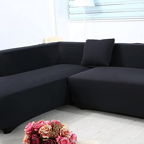 ele ELEOPTION 2 Piece Black Couch Covers for Sectional Sofa L Shape Chaise Covers for Cushion Couch Chaise Slipcover for Living Room Pets (L-Shape 3+3 Seater)